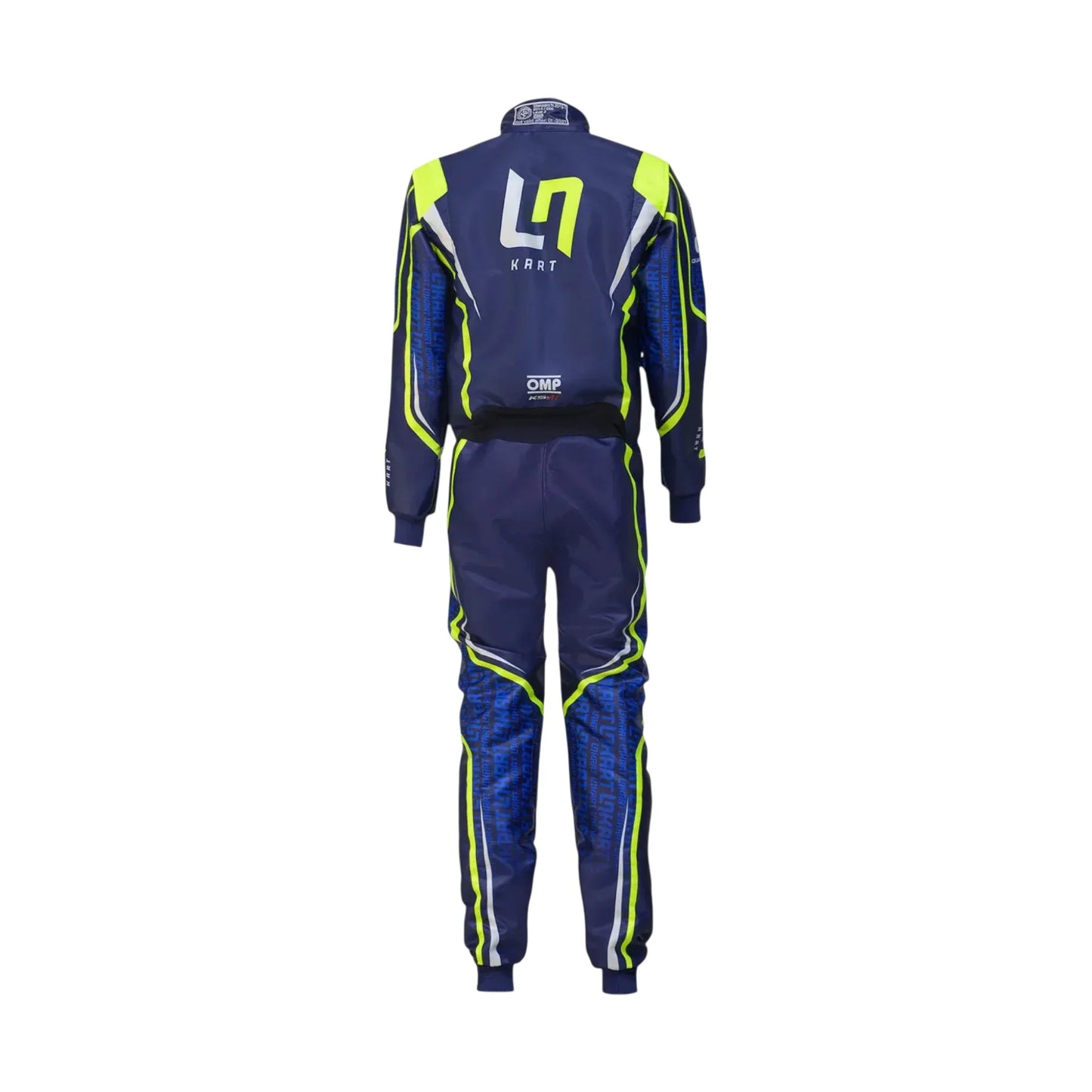 Navy blue racing suit with green accents on a white background   OMP LN edition 2022 karting suit back view