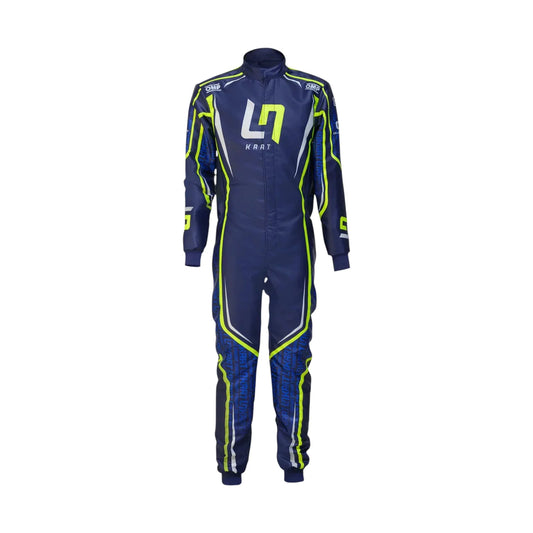 Navy blue racing suit with green accents on a white background   OMP LN edition 2022 karting suit front view
