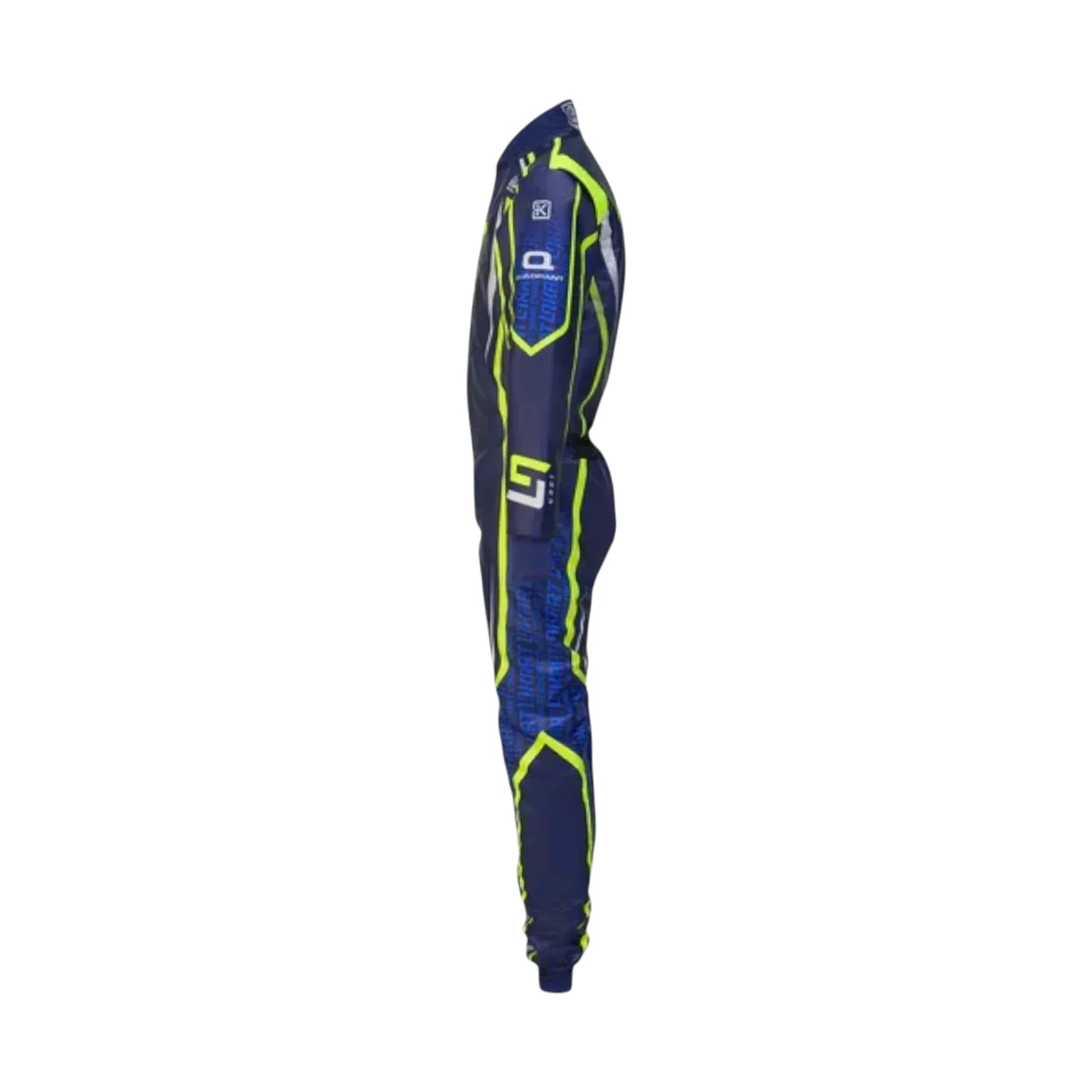 OMP LN 2022 karting suit side view Navy blue racing suit with green accents on a white background