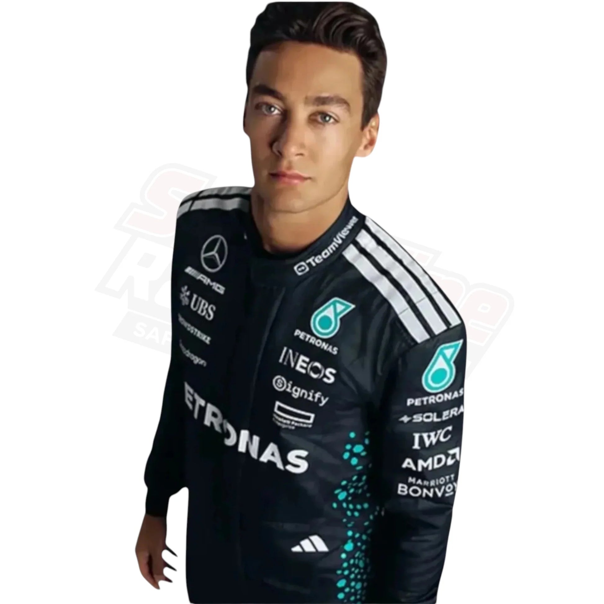 Person wearing a dark racing suit with multiple sponsor logos, standing against a white background.
