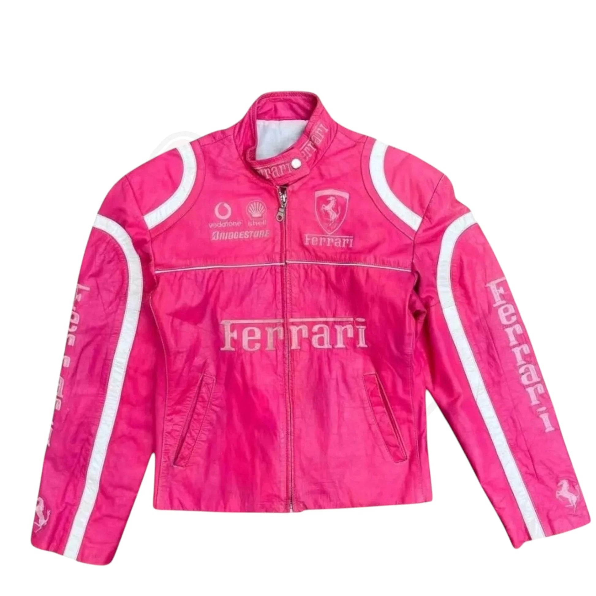 Pink Ferrari Vintage Racing Leather Jacket – Premium F1 Edition Speedline Racewear