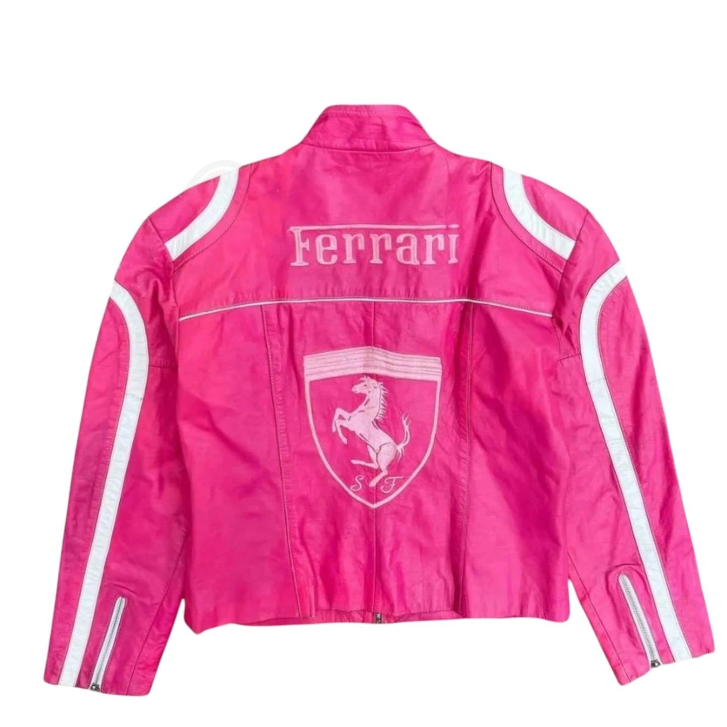 Pink Ferrari Vintage Racing Leather Jacket – Premium F1 Edition Speedline Racewear