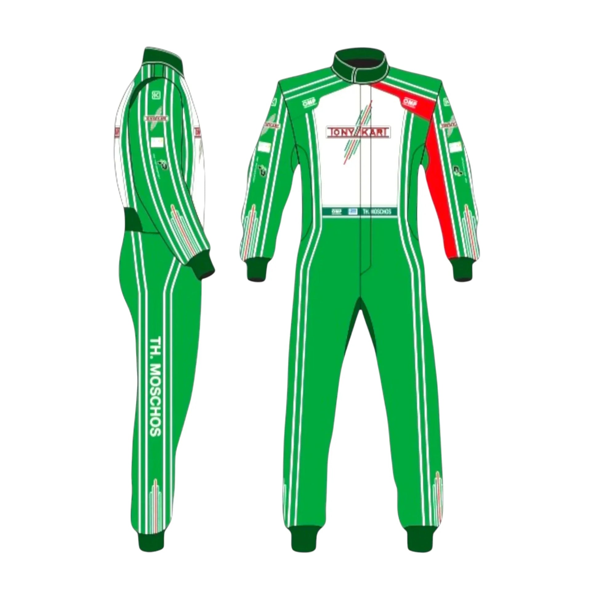 Professional driver wearing OMP Tony Kart karting suit