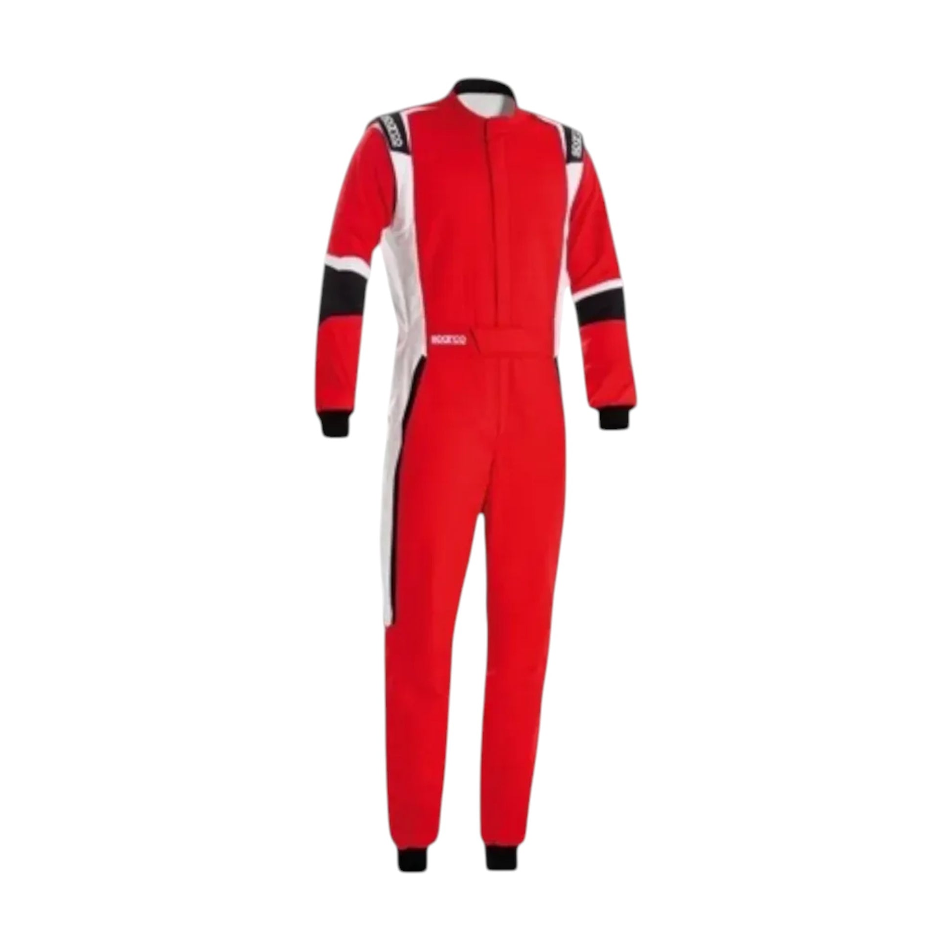 “Red racing suit with black and white accents displayed on a plain white background.”