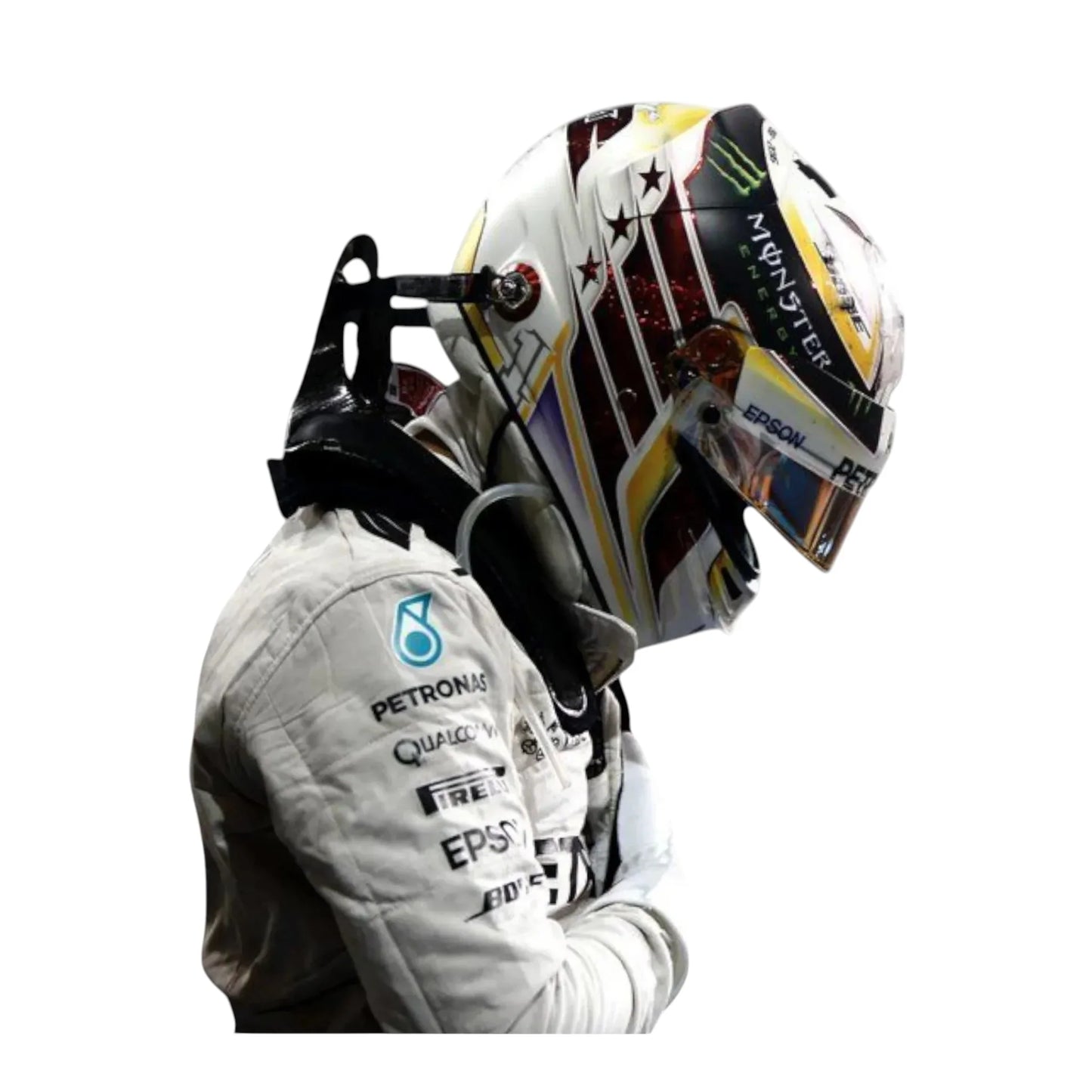 Right side view of 2016 Lewis Hamilton Mercedes Petronas F1 race suit with Petronas branding