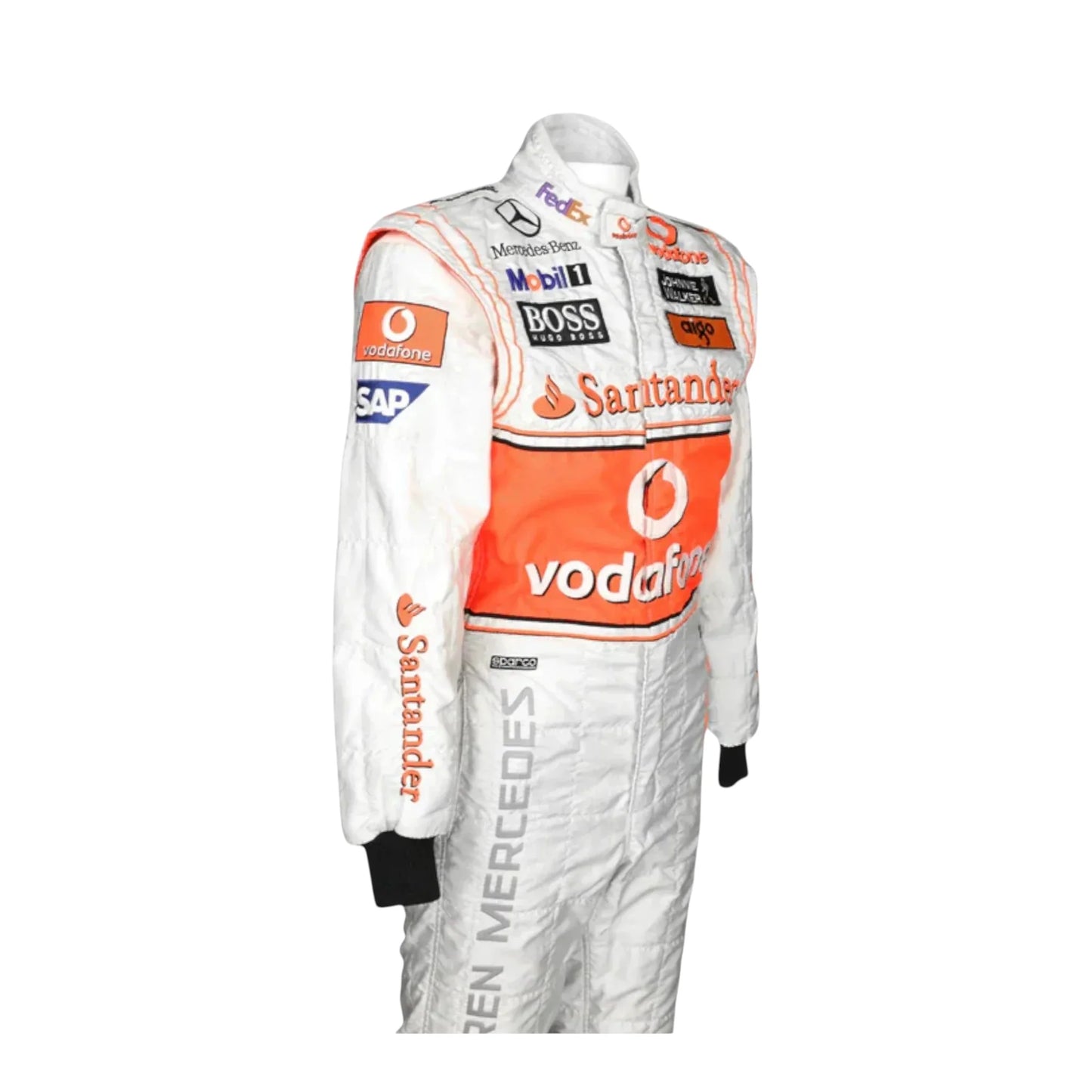 Side angle view of Lewis Hamilton 2008 McLaren F1 race suit