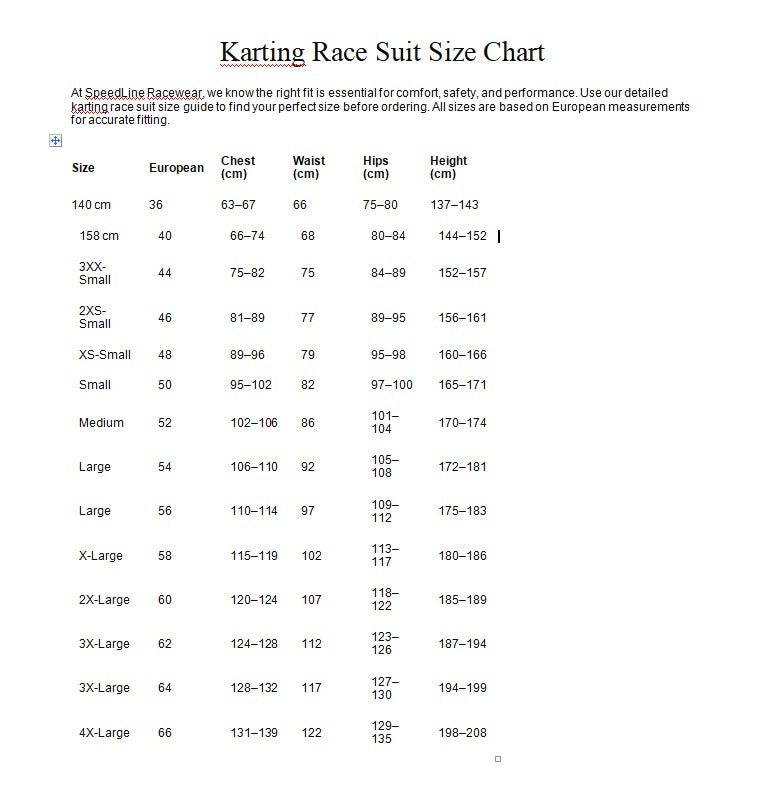 SizeChartSpeedLineRacewear
