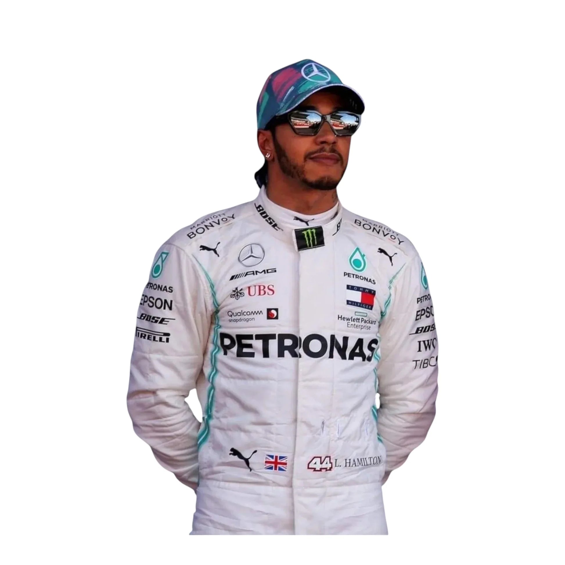 Team Petronas Mercedes F1 race suit embroidery close up