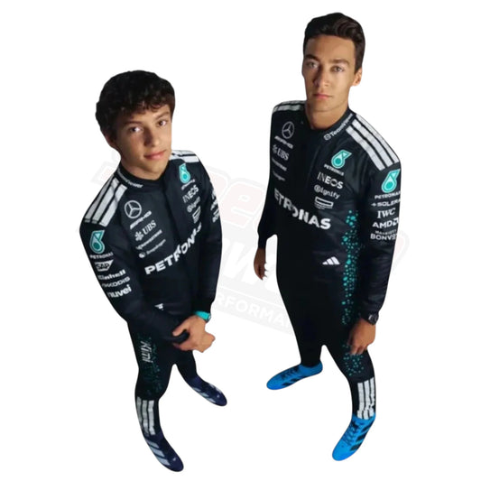Two children dressed in Formula 1 themed outfits with sponsor logos, posing on a white background.