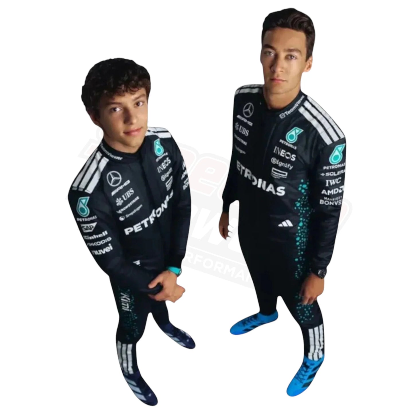 Two figures dressed in Formula 1 racing suits featuring visible sponsor logos on a white background.
