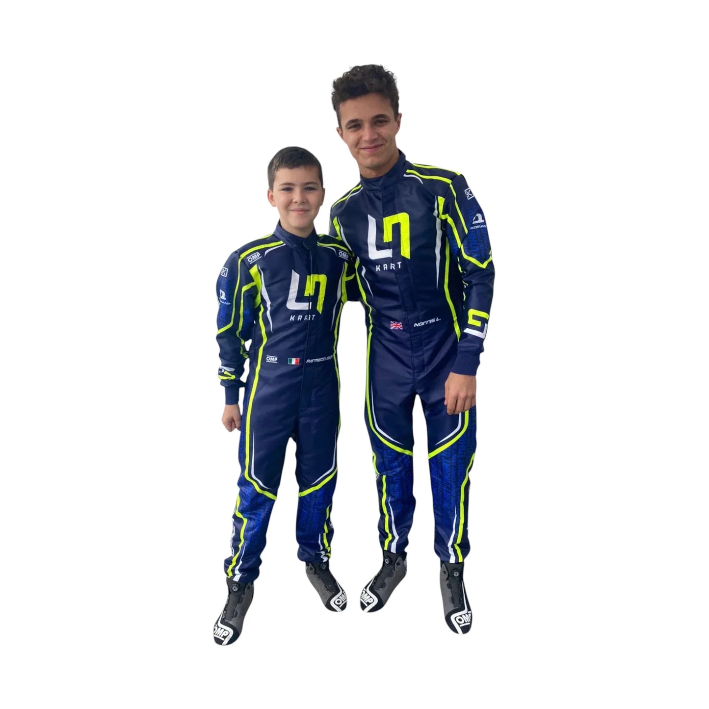Two individuals wearing matching blue racing suits with yellow accents on a white background OMP LN edition 2022 karting suit