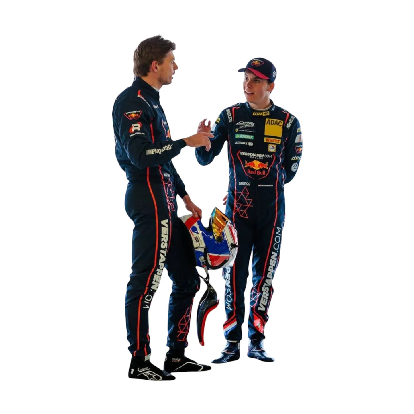 Two race car drivers in branded suits shaking hands with a helmet between them on a white background