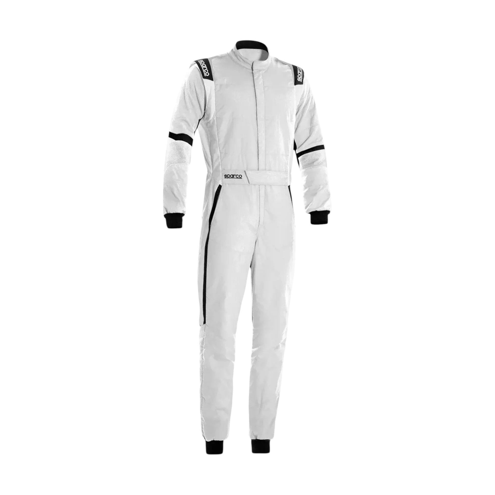 “White racing suit with black accents displayed on a plain white background.”