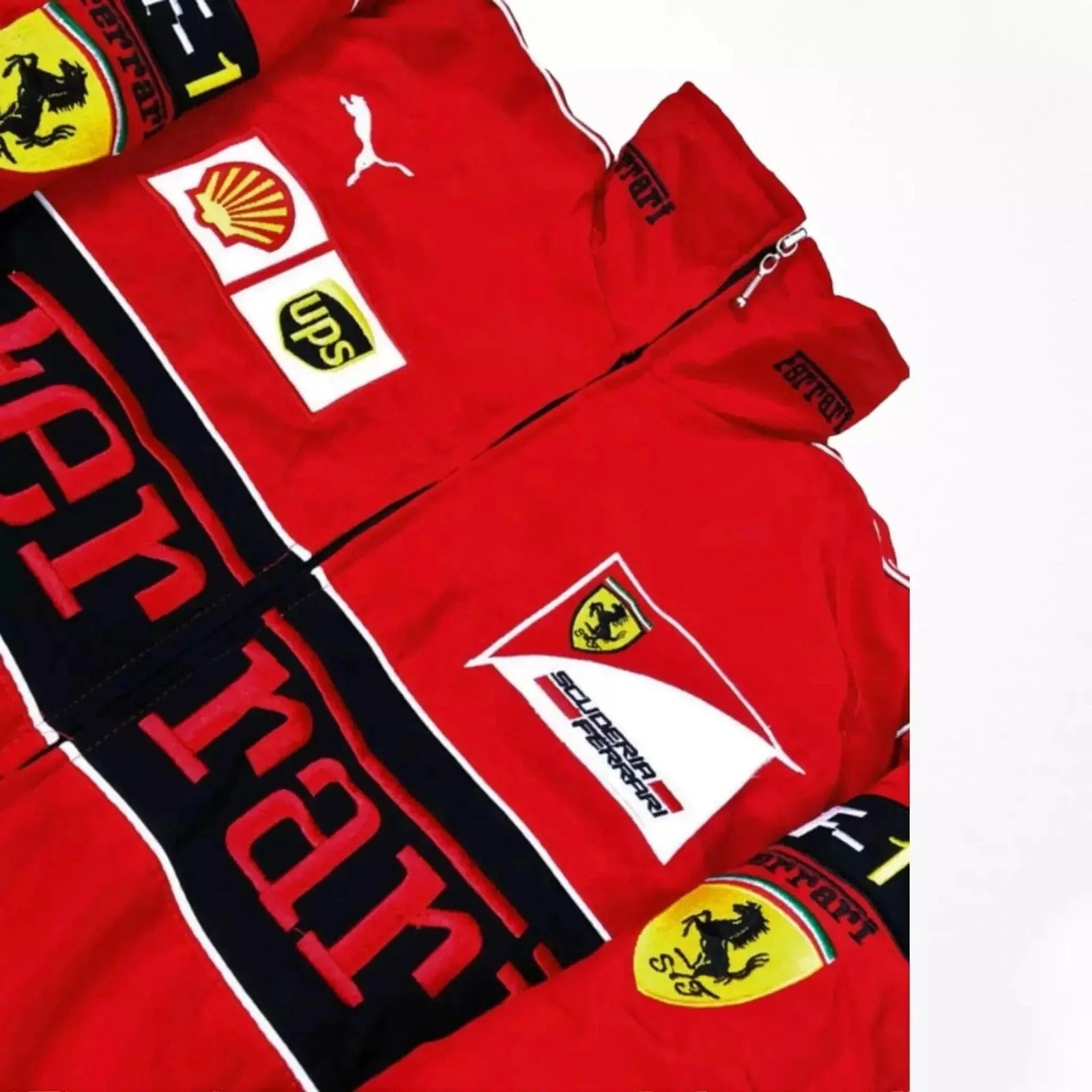 ferrari embroidered motorsport jacket close-up patches