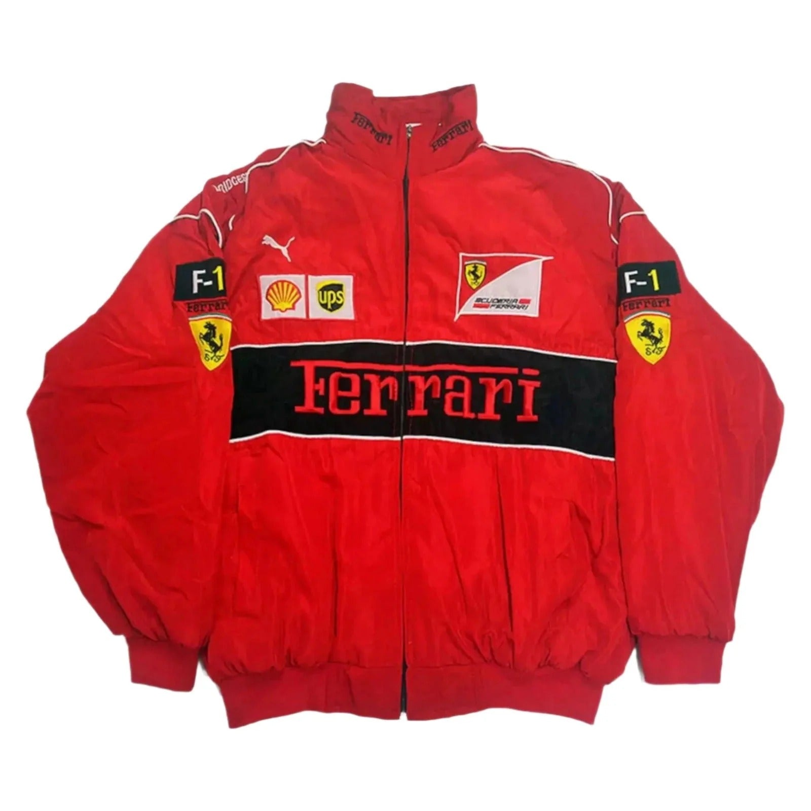 ferrari vintage f1 racing embroidered winter jacket front view