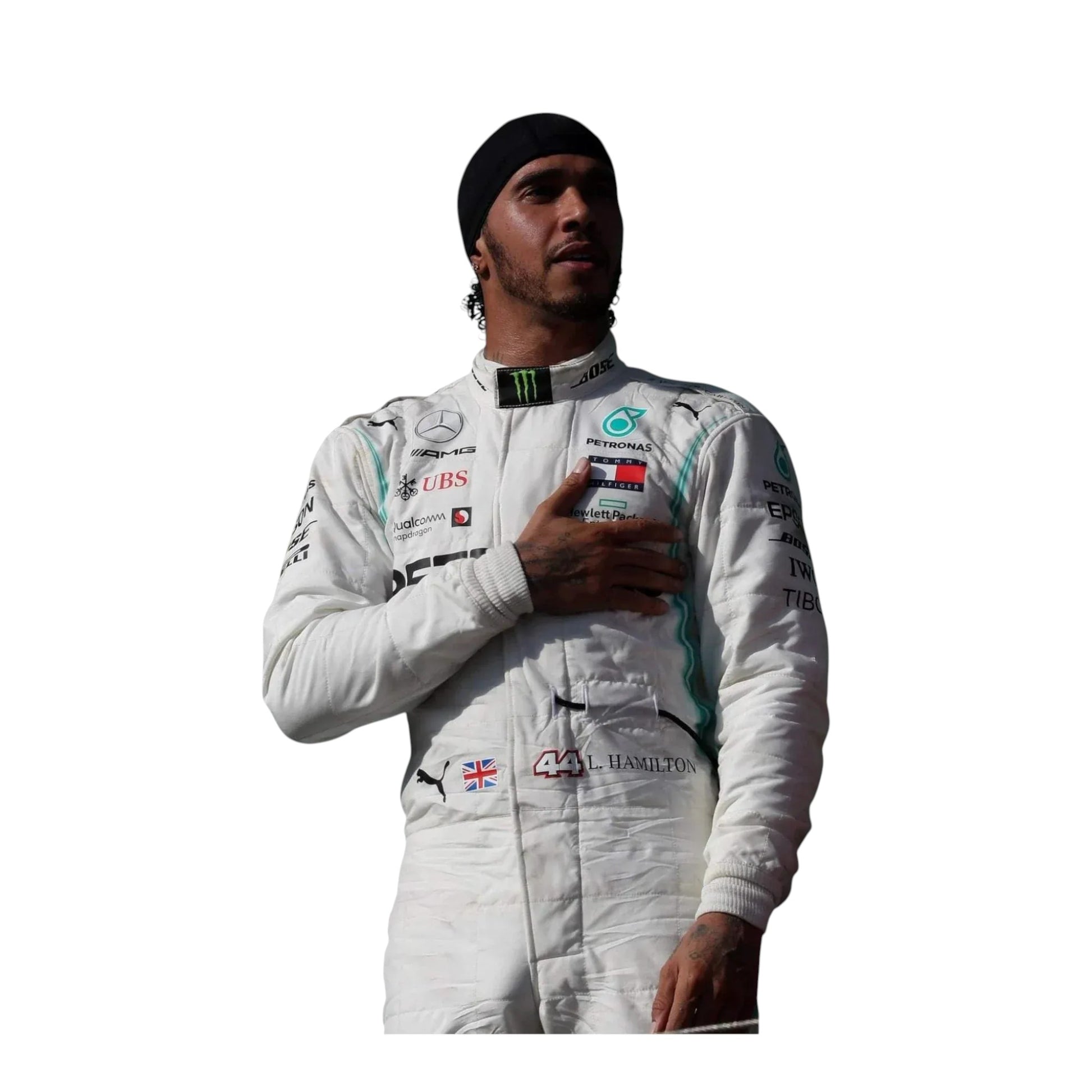 Lewis Hamilton 2019 Team Petronas Mercedes Formula 1 race suit front view