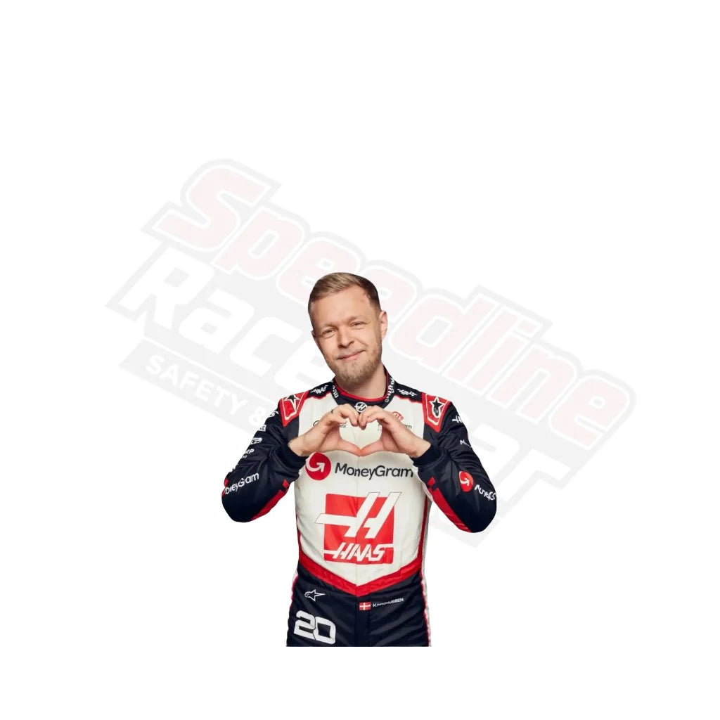 Side angle showing fit of Kevin Magnussen Haas F1 race suit”