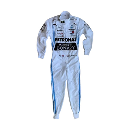 Front view of Lewis Hamilton 2019 Mercedes-AMG Petronas F1 inspired embroidered race suit