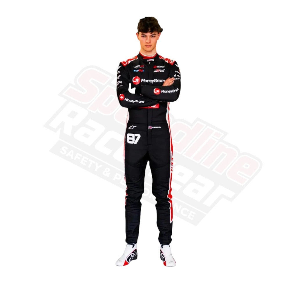 “Front view of 2025 Oliver Bearman Haas F1 Team Race Suit”