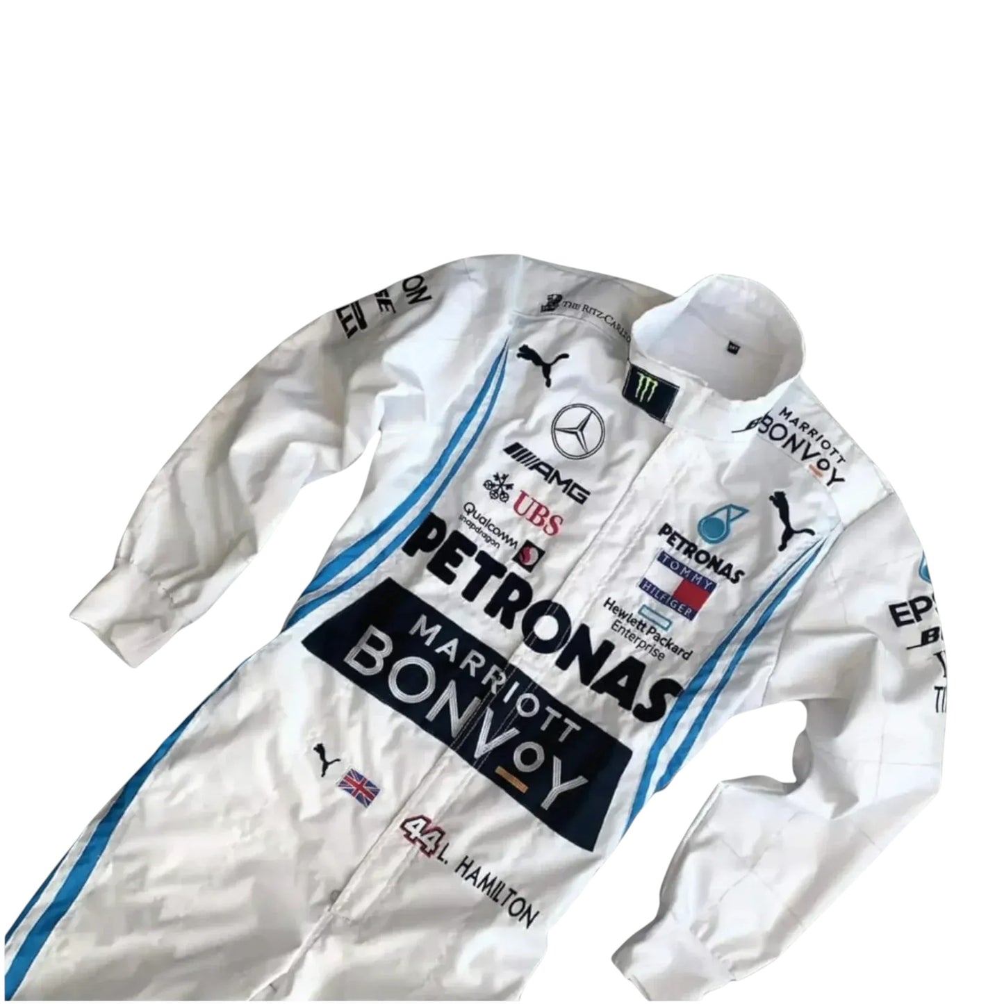 Close-up of embroidery detailing on Lewis Hamilton 2019 Mercedes-AMG Petronas F1 inspired race suit