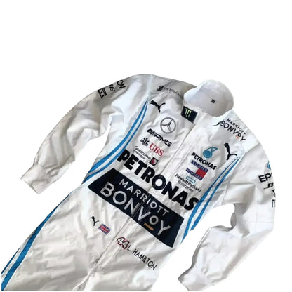 Close-up of embroidery detailing on Lewis Hamilton 2019 Mercedes-AMG Petronas F1 inspired race suit