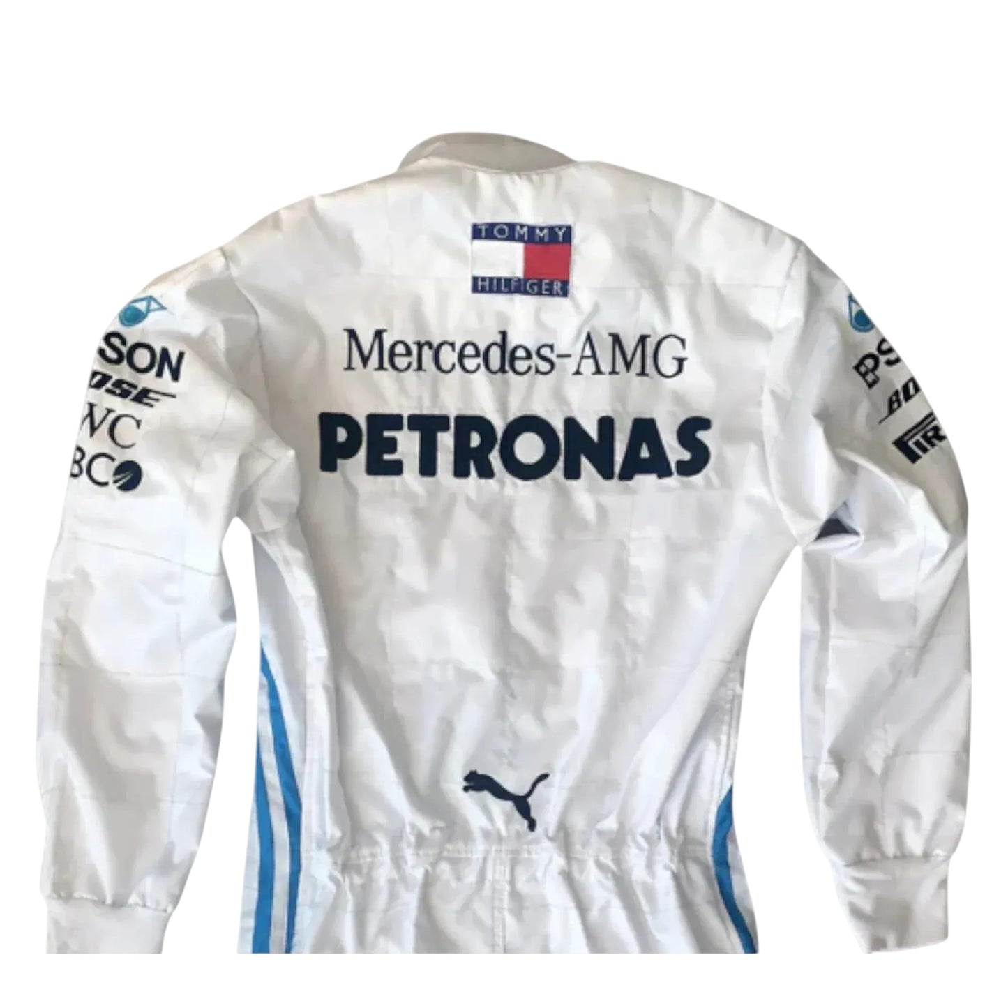 Logo and patch embroidery close-up on Lewis Hamilton 2019 Mercedes-AMG Petronas F1 inspired race suit