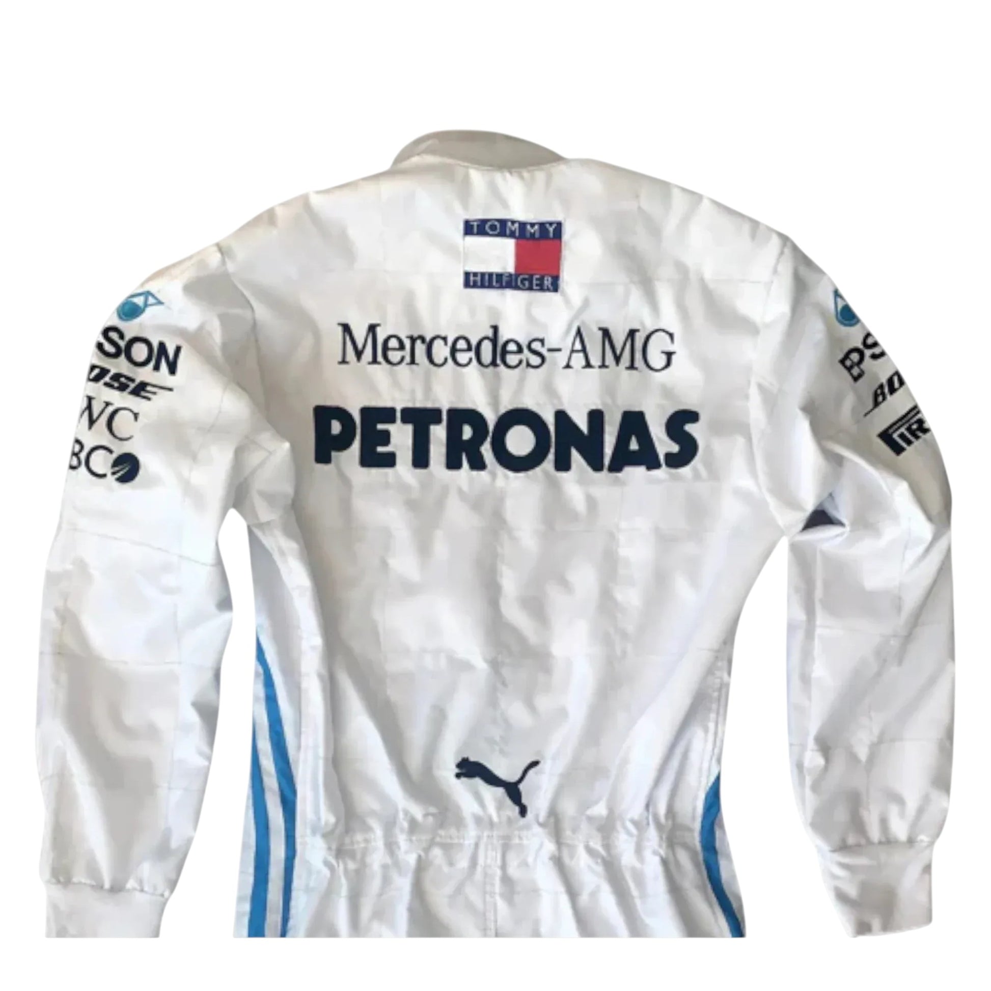 Logo and patch embroidery close-up on Lewis Hamilton 2019 Mercedes-AMG Petronas F1 inspired race suit