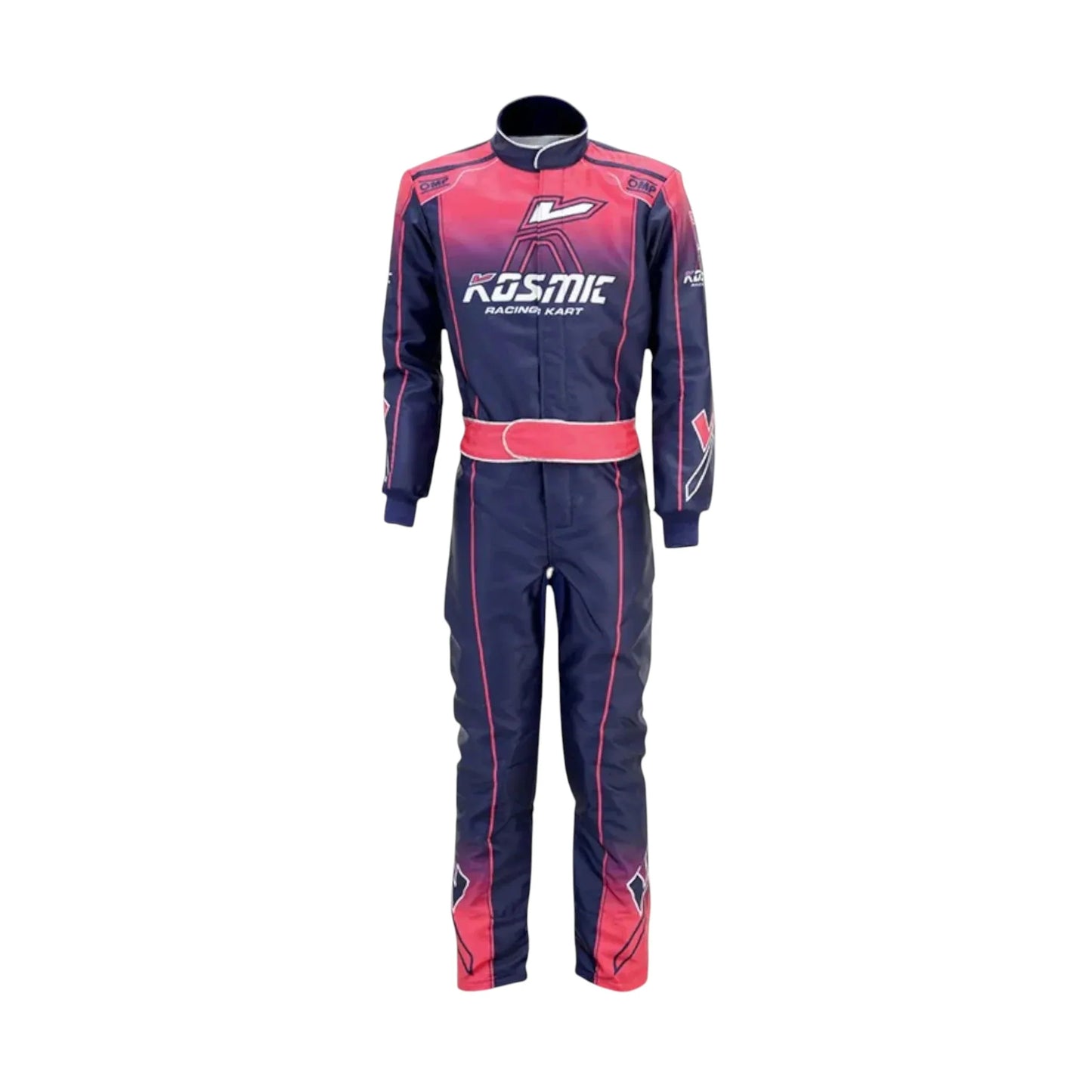 Kosmic 2020 go-kart racing suit featuring a pink and black design, displayed on a clean white background.