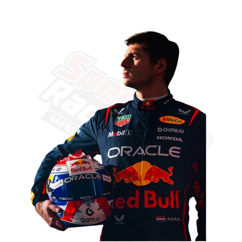 “Red Bull F1 Suit 2025 torso close-up – driver holding helmet, side profile view showing suit details.”
