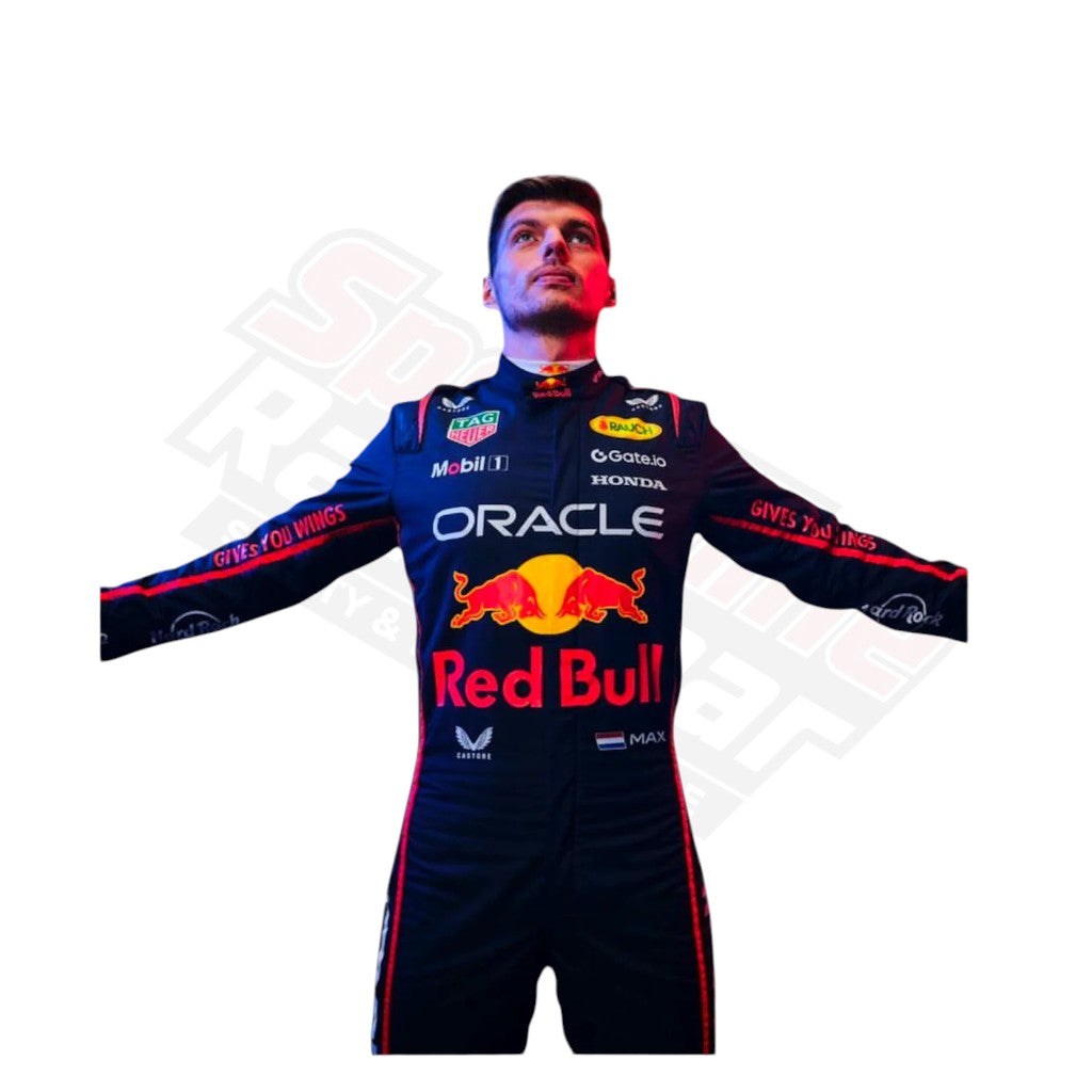 “Red Bull F1 Suit 2025 portrait – arms outstretched front view highlighting full suit design and details.”