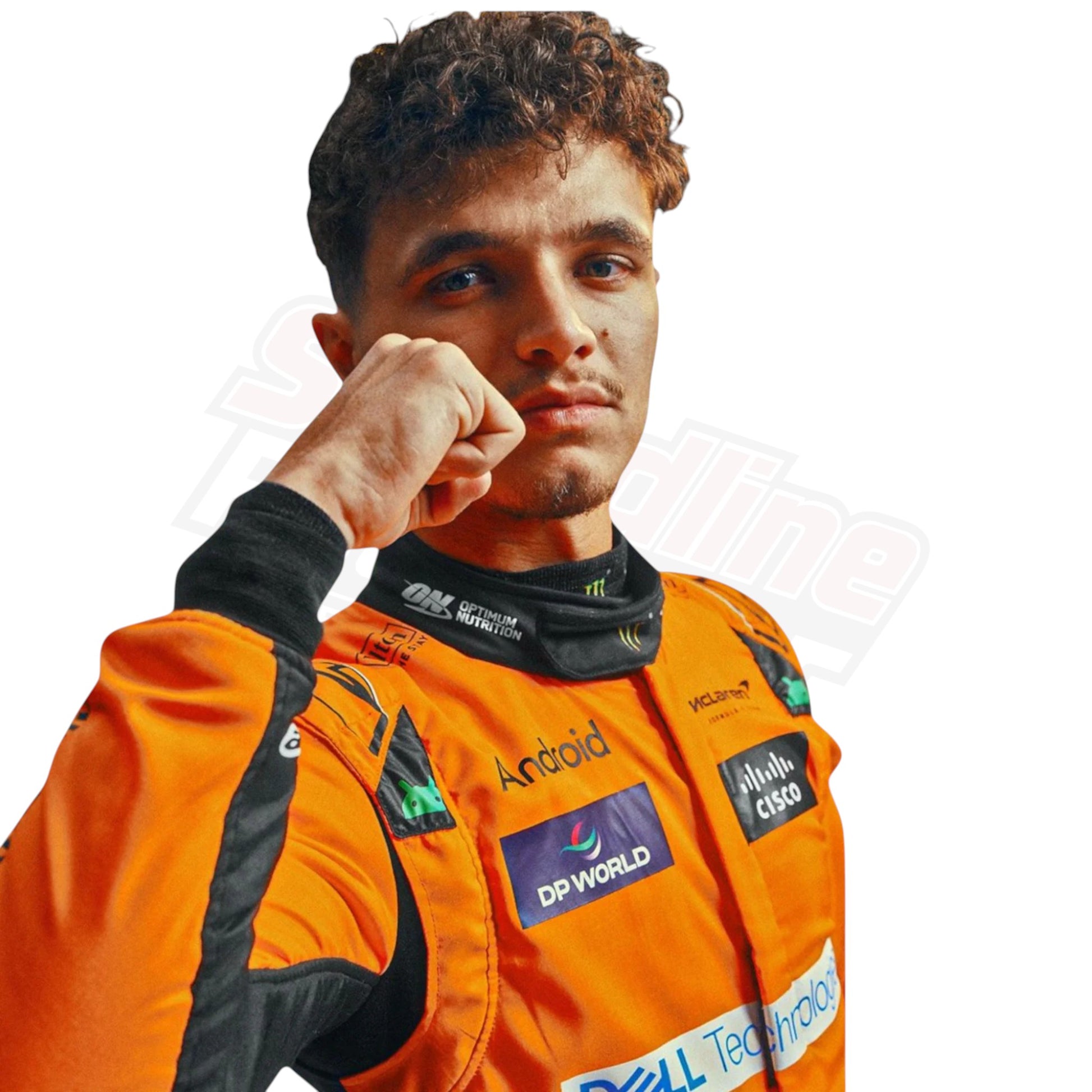 Racer dressed in an orange racing suit featuring multiple sponsor logos, standing on a plain white background.