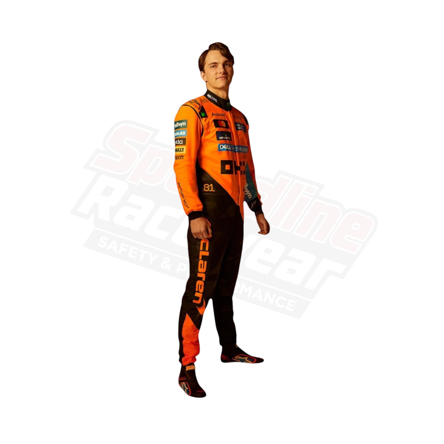 Racer wearing an orange and black racing suit, standing against a clean white background.