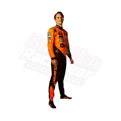 Racer wearing an orange and black racing suit, standing against a clean white background.